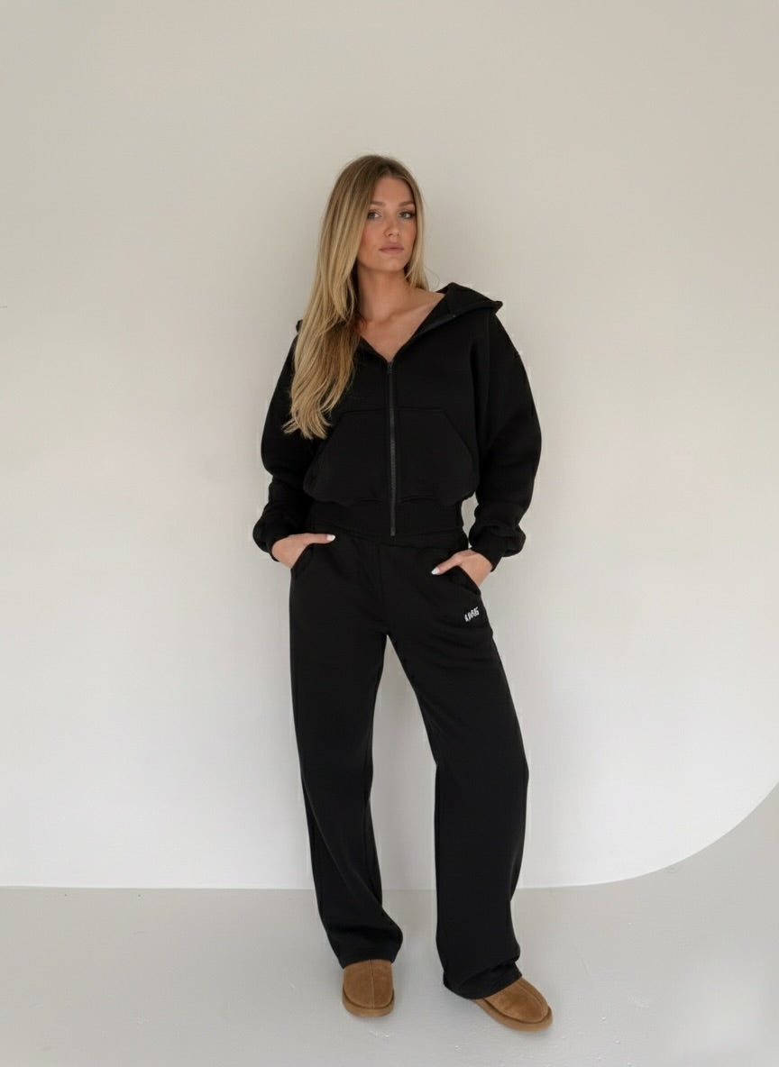 Jet Black Satin Hoodie Set